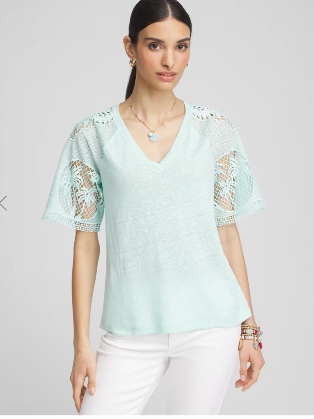 Chico's Mint Crochet Sleeve V-Neck Top